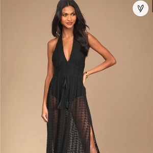 Lulus Destination Summer Black Crochet Halter Maxi Bodysuit Dress Size Large